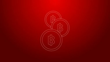 Yeşil çizgi kripto para birimi Bitcoin simgesi kırmızı arkaplanda izole edildi. Madeni para. Engelleme zinciri tabanlı şifreli para birimi. 4K Video hareketli grafik canlandırması
