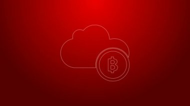 Yeşil çizgi kripto para birimi bulut maden ikonu kırmızı arka planda izole. Engelleme teknolojisi, bitcoin, dijital para piyasası, kripto para cüzdanı. 4K Video hareketli grafik canlandırması