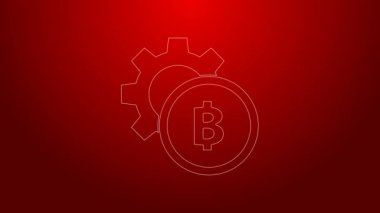 Yeşil çizgi kripto para birimi Bitcoin simgesi kırmızı arkaplanda izole edildi. Vites ve Bitcoin ayarı. Engelleme zinciri tabanlı şifreli para birimi. 4K Video hareketli grafik canlandırması