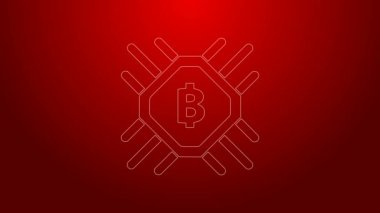 Yeşil çizgi işlemci çiftlik ikonu kırmızı arka planda izole edildi. İşlemcinin içinde bitcoin işareti. Kripto para madenciliği topluluğu. Dijital para. 4K Video hareketli grafik canlandırması