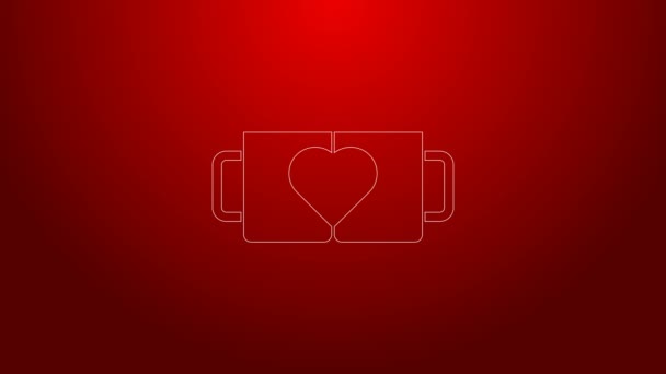 Grüne Linie Zwei Kaffeetassen und Herz-Symbol isoliert auf rotem Hintergrund. Paarkaffee für Verliebte am Valentinstag. 4K Video Motion Grafik Animation — Stockvideo