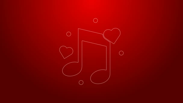 Green line Music note, tone with hearts icon isolated on red background. 4K Video motion graphic animation — Stock Video