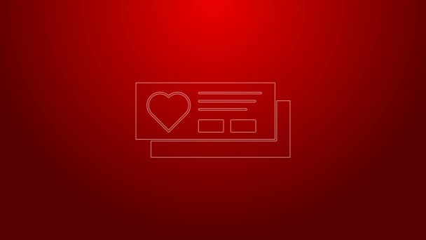 Línea verde Billete con icono del corazón aislado sobre fondo rojo. Tarjeta de embarque con corazón. Animación gráfica de vídeo 4K — Vídeo de stock