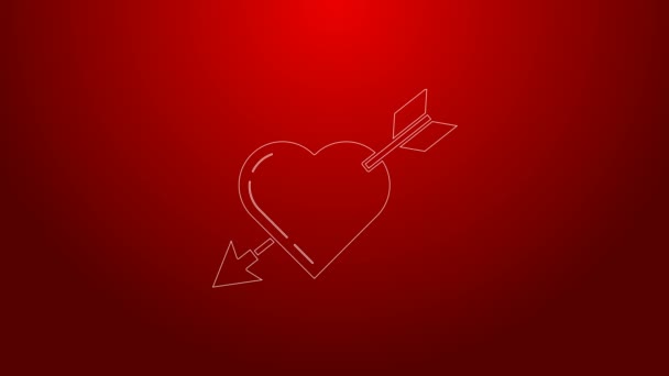 Green line Amour symbol with heart and arrow icon isolated on red background. Love sign. Valentines symbol. 4K Video motion graphic animation — Stock Video