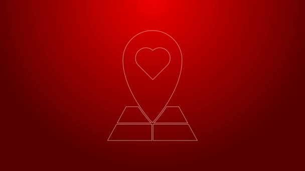 Green line Map pointer with heart icon isolated on red background. Valentines day. Love location. Romantic map pin. 4K Video motion graphic animation — Stock Video
