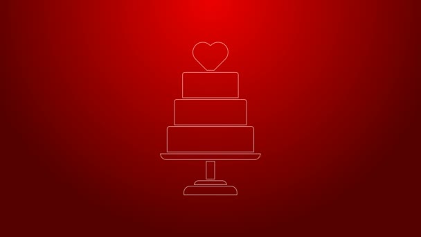 Green line Wedding cake with heart icon isolated on red background. 4K Video motion graphic animation — Stock Video