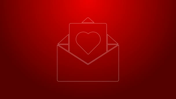 Línea verde sobre con el icono del corazón de San Valentín aislado sobre fondo rojo. Mensaje amor. Carta de amor y romance. Animación gráfica de vídeo 4K — Vídeos de Stock
