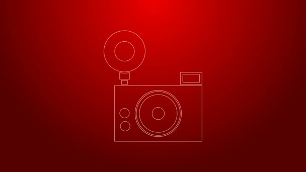 Πράσινη γραμμή Φωτογραφία εικονίδιο κάμερα απομονώνονται σε κόκκινο φόντο. Εικονίδιο φωτογραφικής μηχανής. 4K Γραφική κίνηση κίνησης βίντεο — Αρχείο Βίντεο