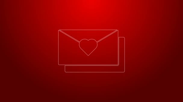 Amplop garis hijau dengan ikon jantung Valentine terisolasi dengan latar belakang merah. Pesan cinta. Surat cinta dan romansa. Animasi grafis gerak Video 4K — Stok Video
