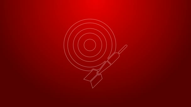 Green line Classic dart board and arrow icon isolated on red background. Dartboard sign. Game concept. 4K Video motion graphic animation — Stock Video