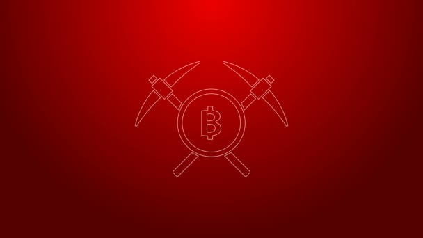 Zelená čára Křížová ikona krumpáče izolovaná na červeném pozadí. Blockchain technologie, těžba kryptoměn, bitcoin, altcoins, digitální peněžní trh. Grafická animace pohybu videa 4K — Stock video