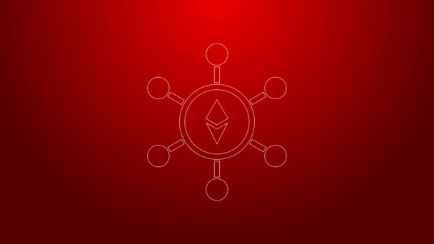 Zielona linia Technologia Blockchain Ethereum Ikona ETH izolowana na czerwonym tle. Abstrakcyjny geometryczny biznes technologii sieci blokowych. 4K Animacja graficzna ruchu wideo — Wideo stockowe