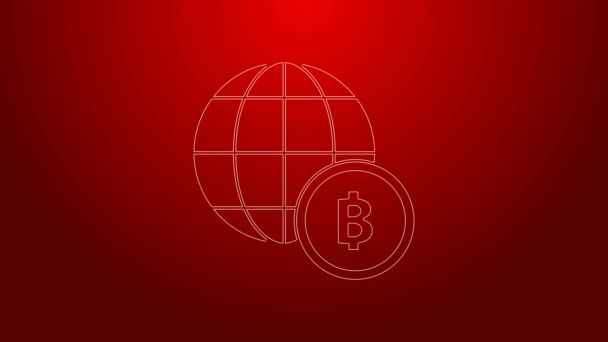 Green line Globe and cryptocurrency coin Bitcoin icon isolated on red background. Physical bit coin. Blockchain based secure crypto currency. 4K Video motion graphic animation — Stock Video