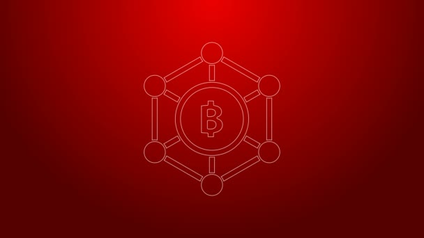 Zielona linia Technologia Blockchain Ikona Bitcoin odizolowana na czerwonym tle. Abstrakcyjny geometryczny biznes technologii sieci blokowych. 4K Animacja graficzna ruchu wideo — Wideo stockowe