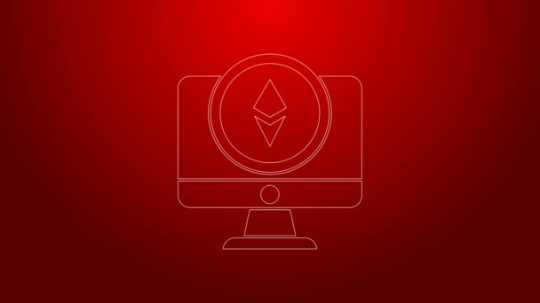 Zelená čára Monitor a Cryptocurrency mince Ethereum ETH ikona izolované na červeném pozadí. Symbol Altcoinu. Zabezpečená šifrovací měna založená na blockchainu. Grafická animace pohybu videa 4K — Stock video