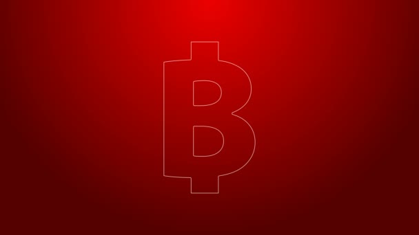Groene lijn Cryptogeld munt Bitcoin pictogram geïsoleerd op rode achtergrond. Fysiek beetje munt. Blockchain gebaseerde veilige crypto valuta. 4K Video motion grafische animatie — Stockvideo