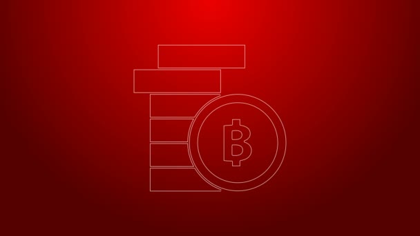 Yeşil çizgi kripto para birimi Bitcoin simgesi kırmızı arkaplanda izole edildi. Madeni para. Engelleme zinciri tabanlı şifreli para birimi. 4K Video hareketli grafik canlandırması — Stok video