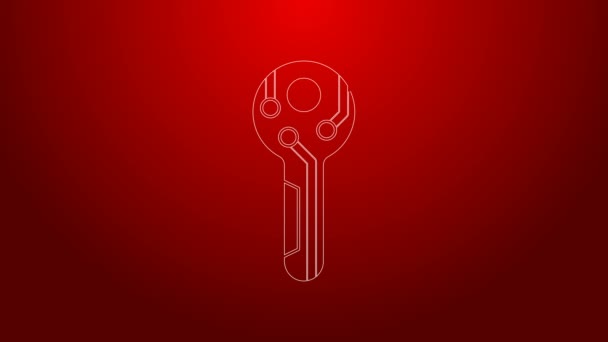 Иконка ключа криптовалюты выделена на красном фоне. Концепция кибербезопасности или закрытого ключа, цифровой ключ с технологическим интерфейсом. Видеографическая анимация 4K — стоковое видео