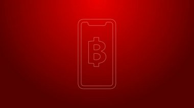 Kırmızı arkaplanda yeşil hat telefon ve kripto para birimi simgesi var. Madeni para. Engelleme zinciri tabanlı şifreli para birimi. 4K Video hareketli grafik canlandırması