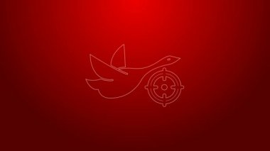Yeşil çizgi Hunt ördek üzerinde kırmızı arka planda izole edilmiş hedef simgesi ile. Ördekli ve hedefli av kulübü logosu. Tüfek merceği ördeğe nişan alıyor. 4K Video hareketli grafik canlandırması