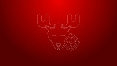 Kırmızı arka planda izole edilmiş hedef simgesi olan geyik üzerinde yeşil çizgi avı. Geyik ve hedefli av kulübü logosu. Tüfek merceği bir geyiği hedef alıyor. 4K Video hareketli grafik canlandırması