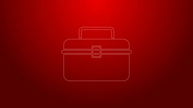 Kırmızı arka planda yeşil çizgi kutusu ya da bocalayıcı için kutu kutusu ve dişli balıkçılık ekipmanları ikonu izole edildi. Balık oltası. 4K Video hareketli grafik canlandırması