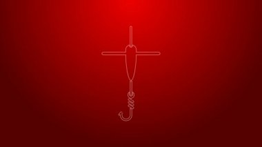 Yeşil olta oltası ve yüzen simge kırmızı arka planda izole edildi. Balık oltası. 4K Video hareketli grafik canlandırması