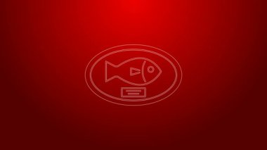 Kırmızı arkaplanda yeşil çizgili balık kupası asılı. Duvarda balık avı kupası. 4K Video hareketli grafik canlandırması