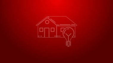 Yeşil çizgi Akıllı ev ve ampul simgesi kırmızı arkaplanda izole edildi. 4K Video hareketli grafik canlandırması