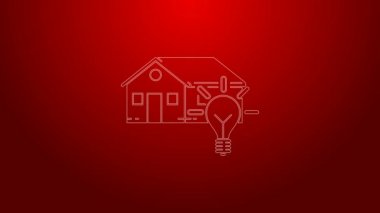 Yeşil çizgi Akıllı ev ve ampul simgesi kırmızı arkaplanda izole edildi. 4K Video hareketli grafik canlandırması