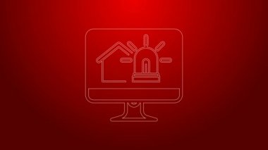Akıllı ev ve alarm simgesine sahip yeşil çizgi bilgisayar monitörü kırmızı arkaplanda izole edildi. Akıllı evin güvenlik sistemi. 4K Video hareketli grafik canlandırması