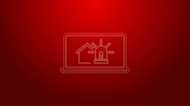 Akıllı ev ve alarm simgesine sahip yeşil çizgi dizüstü bilgisayar kırmızı arkaplanda izole edildi. Akıllı evin güvenlik sistemi. 4K Video hareketli grafik canlandırması