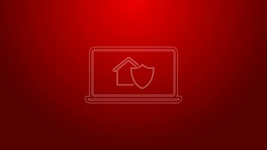 Yeşil çizgi dizüstü bilgisayar ve koruma altındaki ev kırmızı arka planda izole edilmiş. Koruma, güvenlik, güvenlik, koruma, savunma konsepti. 4K Video hareketli grafik canlandırması