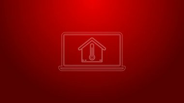 Kırmızı zemin üzerinde ev sıcaklığı simgesi olan yeşil çizgi dizüstü bilgisayarı. Termometre simgesi. 4K Video hareketli grafik canlandırması