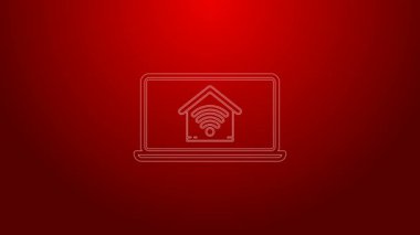 Kırmızı arkaplanda kablosuz ağ ikonu olan akıllı evi olan yeşil çizgi dizüstü bilgisayarı. Uzaktan kumanda. 4K Video hareketli grafik canlandırması