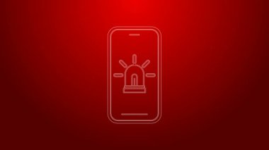 Akıllı evi ve kırmızı arka planda izole edilmiş alarm simgesi olan yeşil hat cep telefonu. Akıllı evin güvenlik sistemi. 4K Video hareketli grafik canlandırması