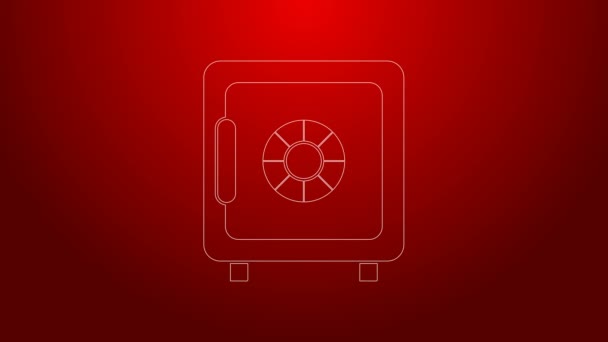 Green line Safe icon isolated on red background. The door safe a bank vault with a combination lock. Reliable Data Protection. 4K Video motion graphic animation — Stock Video