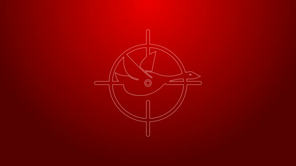 Groene lijn Hunt op eend met dradenkruis pictogram geïsoleerd op rode achtergrond. Jachtclublogo met eend en doel. Rifle lens gericht op een eend. 4K Video motion grafische animatie — Stockvideo