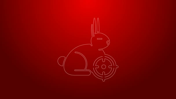 Ligne verte Chasser sur le lapin avec icône de réticule isolé sur fond rouge. Logo du club de chasse avec lapin et cible. Objectif fusil visant un lièvre. Animation graphique de mouvement vidéo 4K — Video