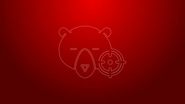 Green line Hunt on bear with crosshairs icon isolated on red background. Hunting club logo with bear and target. Rifle lens aiming a bear. 4K Video motion graphic animation — Stock Video