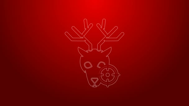 Linea verde Caccia al cervo con l'icona del mirino isolato su sfondo rosso. Logo del club di caccia con cervo e bersaglio. Lente del fucile che punta un cervo. Animazione grafica 4K Video motion — Video Stock