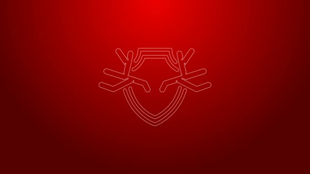 Línea verde cuernos de ciervo en el icono del escudo aislado sobre fondo rojo. Trofeo de caza en la pared. Animación gráfica de vídeo 4K — Vídeo de stock