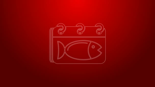 Grön linje Kalender med en fisk ikon isolerad på röd bakgrund. Fiskens dag. 4K Video motion grafisk animation — Stockvideo