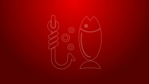 Green line Fishing icon isolated on red background. Fish and hook. Strategy concept. Bait sign. 4K Video motion graphic animation — Stock Video