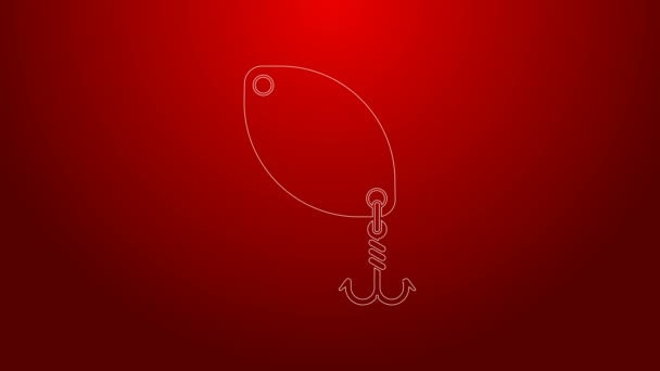 Zelená čára Ikona rybářské lžíce izolované na červeném pozadí. Rybářské návnady ve tvaru ryb. Rybářské náčiní. Grafická animace pohybu videa 4K — Stock video