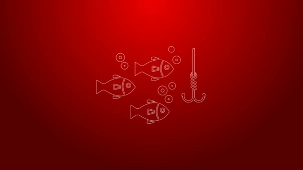 Green line Fishing hook under water with fish icon isolated on red background. Fishing tackle. 4K Video motion graphic animation — Stock Video