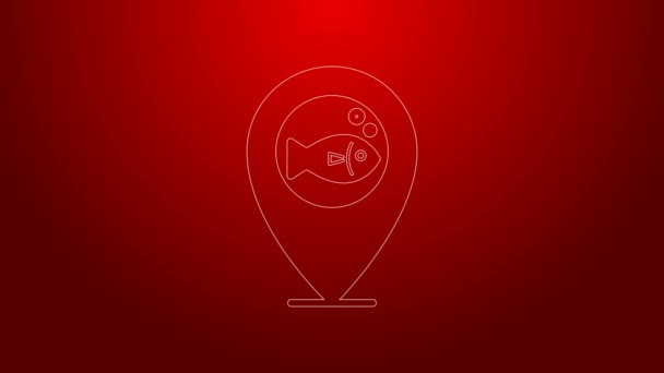 Green line Location fishing icon isolated on red background. Fishing place. 4K Video motion graphic animation — Stock Video