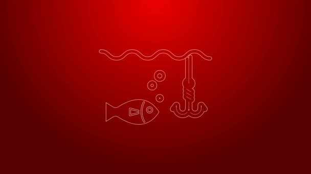 Зеленая линия Рыбалка под водой с рыбьим значком, выделенным на красном фоне. Рыболовные снасти. Видеографическая анимация 4K — стоковое видео