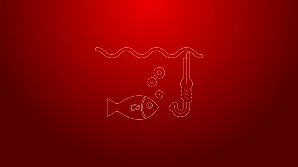 垂钓钩在水下,鱼的图标与红色背景隔离.钓具4K视频运动图形动画 — 图库视频影像