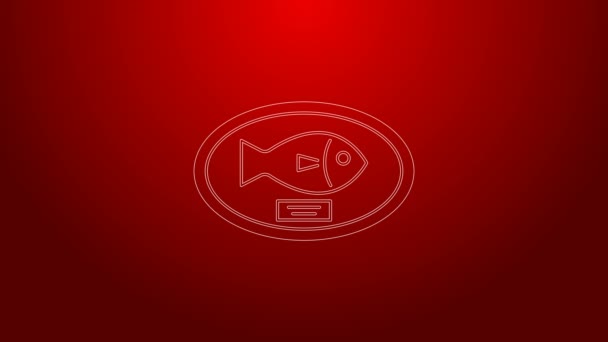 Línea verde Trofeo de pescado colgado en el icono del tablero aislado sobre fondo rojo. Trofeo de pesca en la pared. Animación gráfica de vídeo 4K — Vídeos de Stock